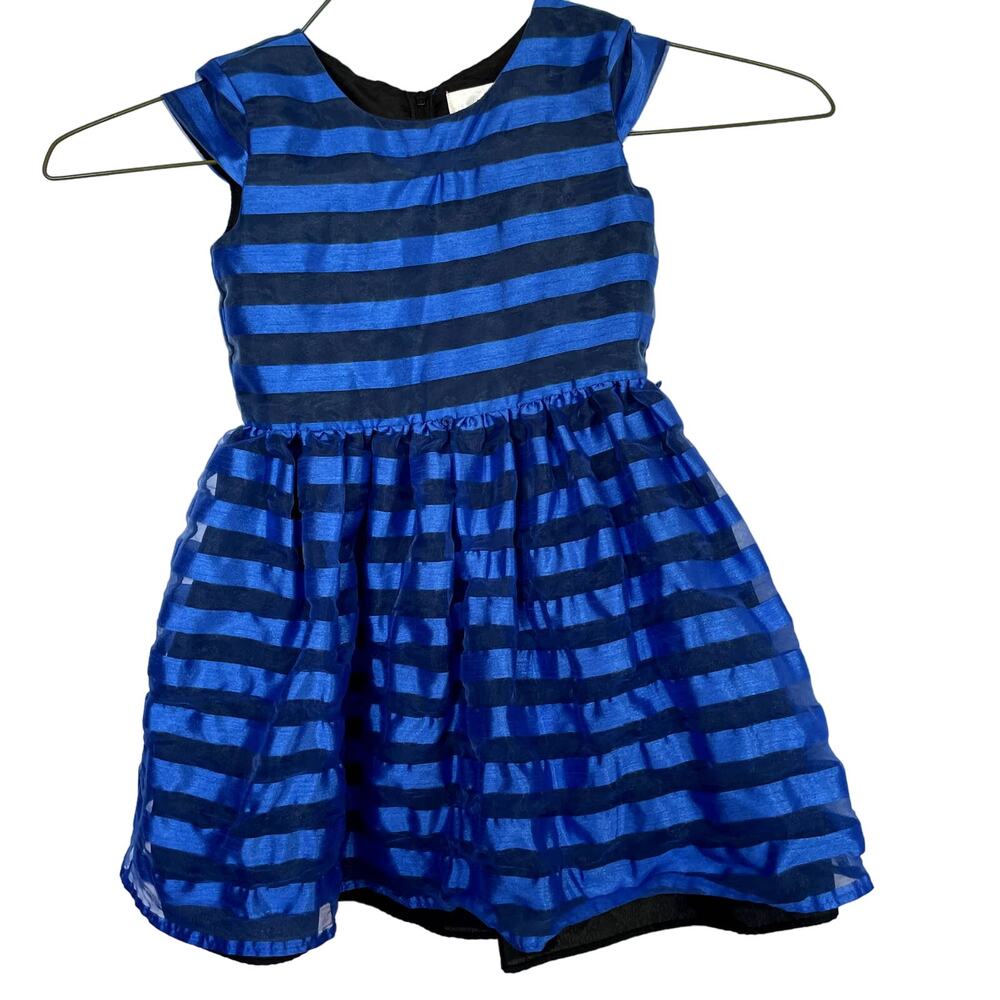 Lavender Girls Blue and Navy Striped Lined Party Dress Cap Sleeves Size 4